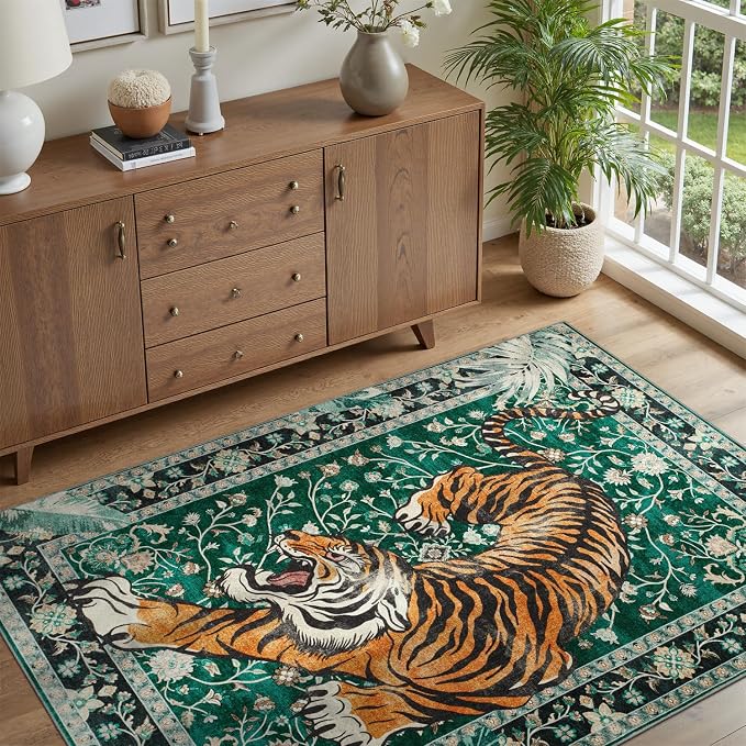 DCX Washable 3x5 Tiger Rug, Green Vintage Animal Rug for Entryway, Soft Low Pile Carpet, Kid & Pet Friendly with Rubber Back Non Slip, Stain Resistant Rug for Bedroom, Laundry, Bathroom