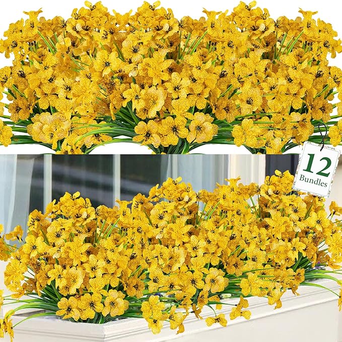 Ouddy Decor 12 Bundles Artificial Flowers for Decorations Fake Silk Plants for Outdoors UV Resistant Faux Plastic Greenery Stems for Garden Porch Window Box Home Spring Decor, Yellow
