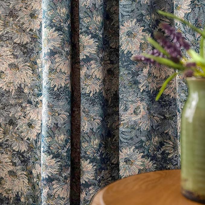 ENJOYBRIDAL Blue Floral Curtains 84 Inch Length 2 Panels Farmhouse Semi Sheer Drapes for Living Room Bohemian Rustic Rod Pocket Window Curtain Panels with Tassel Jacquard Bedroom Window Treatments