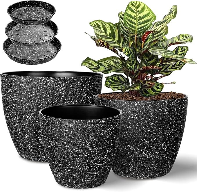 Vanavazon Plant Pots 9/8/7 Inch Set of 3 Flower Pots Indoor Outdoor Plastic Planters with Drainage Hole and Tray (Speckled Black)