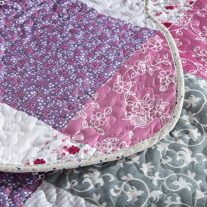 HoneiLife Quilt Set Queen Size - 3 Piece Microfiber Reversible Bedspreads Patchwork Coverlets Floral Bedding Set All Season Quilts with Geometric and Little Rose Print Pattern