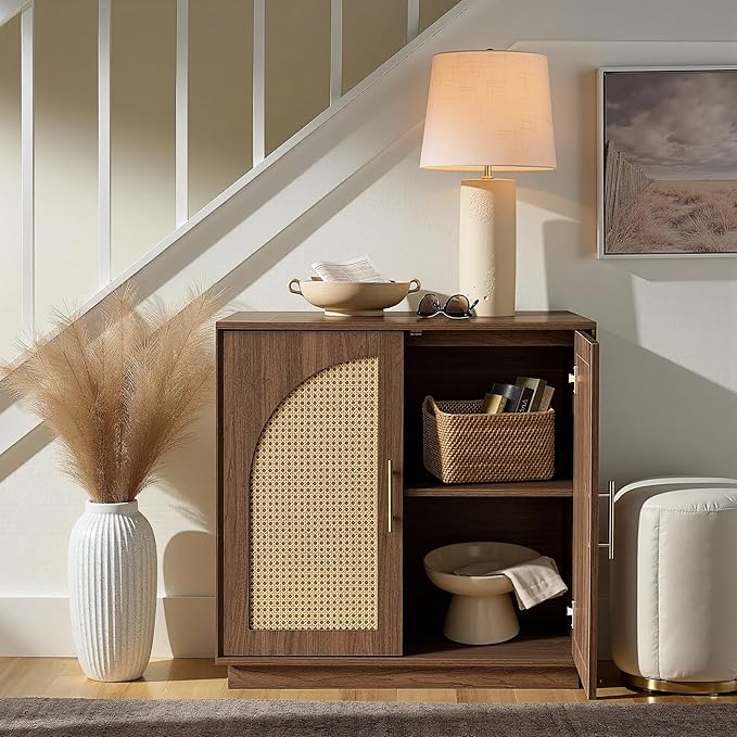 FORTUNETEC Sideboard Buffet Cabinet with Storage Set of 3, Modern Accent Cabinet with Rattan Arched Doors, Modular Media Console, Boho Credenza for Living Room Kitchen Dining Room Entryway, Walnut