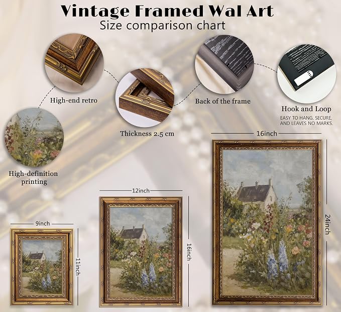 Vintage Gold Framed Spring Rustic Wildflower Wall Art Farmhouse Wildflower Wall Decor Countryside Nature Flower Landscape Poster Pictures Rustic Flower Print artwork for Farmhouse Kitchen Bedroom