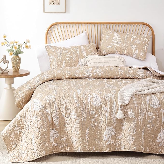 JANZAA Quilts Queen Size Taupe Quilt Botanical with Floral Pattern Microfiber Bedspreads Queen Size 3 Pieces Lightweight Comforter Reversible Bedding Set with 2 Pillow Cases