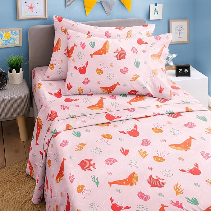 Kids Pink Fish Full 4 Piece Sheet Set - Boys, Girls, Teens, Toddler - Easy Fit Deep Pockets - Breathable, Hotel Quality Bedding Sheets - Machine Washable - Wrinkle Free - Cute, Cozy, Soft - CGK Linens