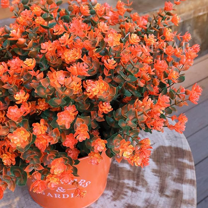 Outdoor Artificial Flowers UV Resistant, 20 Bundles Fake Realistic Floral Greenery Plants for Outside Porch, Window Boxes, Garden, Yard, Inside Home Table Decor,GreenOrange