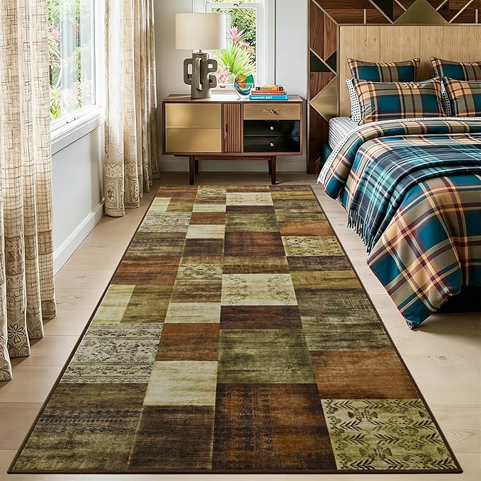 Tepook Modern Runner Rug for Living Room, 2x6 Washable Rugs for Bedroom Hallway, Geometric Patchwork Runner Rug Non-Slip Indoor Throw Carpet for Entryway Kitchen Office Home Decor, Brown
