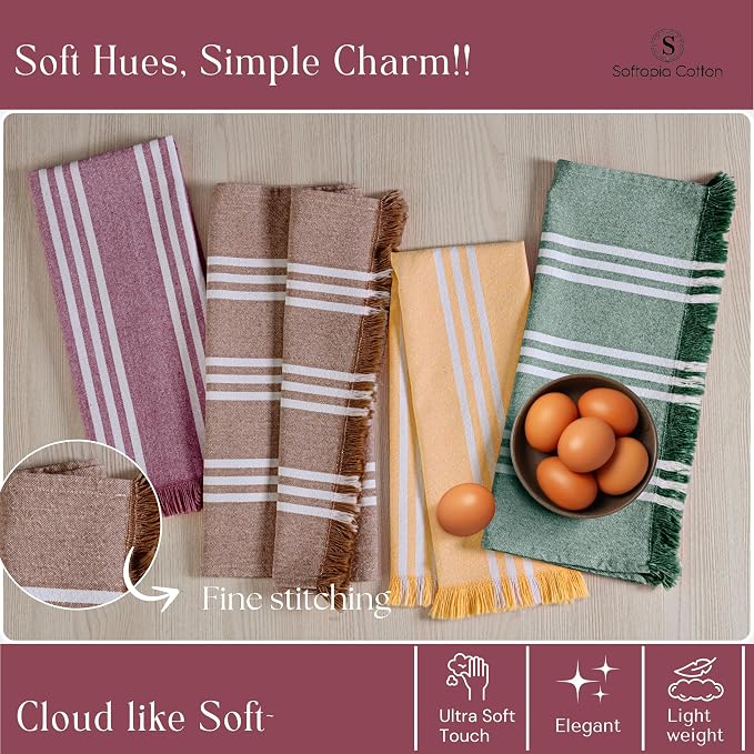 Stripe Kitchen Towels 4 Pack, 16"x26", Multicolors Dish Cloths for Drying Dishes, Reusable Wash Rags, Absorbent, Washable Towels - Mustard Yellow, Forest Green, Burgundy, Brown