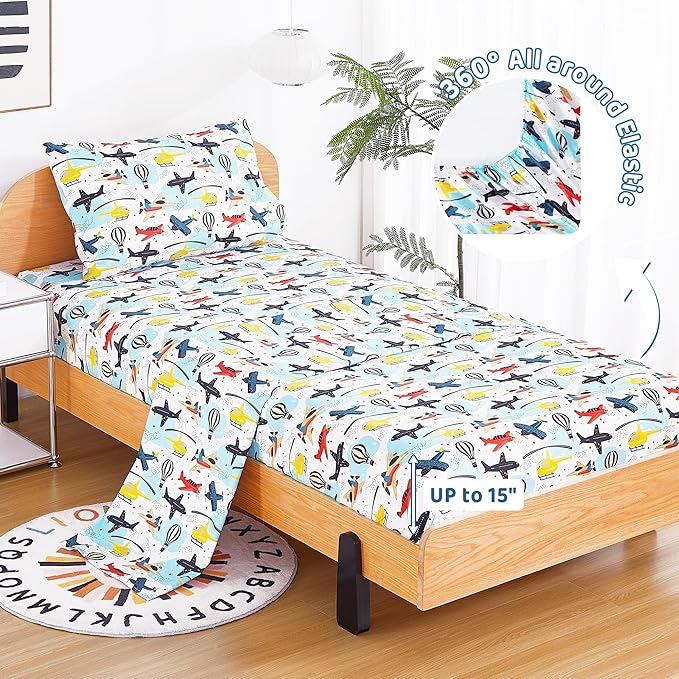 Viviland 3 Pieces Boys Plane Twin Sheet Set - Soft Microfiber Fitted Flat Sheets & Pillowcase - Hot Air Balloon Print Bedding Sets - for Kids & Toddlers