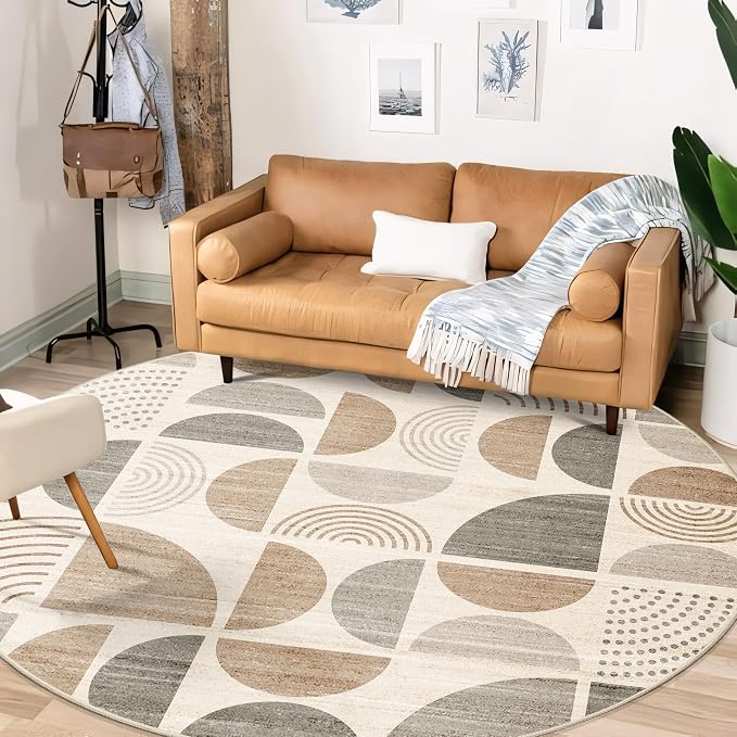 MUJOO Round Rugs 6ft,Circle Area Rug Washable,Circular Rugs for Living Room Dining Room,Large Boho Non Slip Throw Floor Carpet Modern Abstract Bohemian Neutral Beige