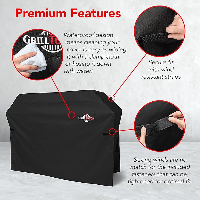 GrillTough Heavy Duty BBQ Grill Cover for Outdoor Grill, 72 Inch – Waterproof, Weather Resistant, UV & Fade Resistant with Adjustable Straps – Gas Grill Cover for Weber, Genesis, Charbroil, etc. Black