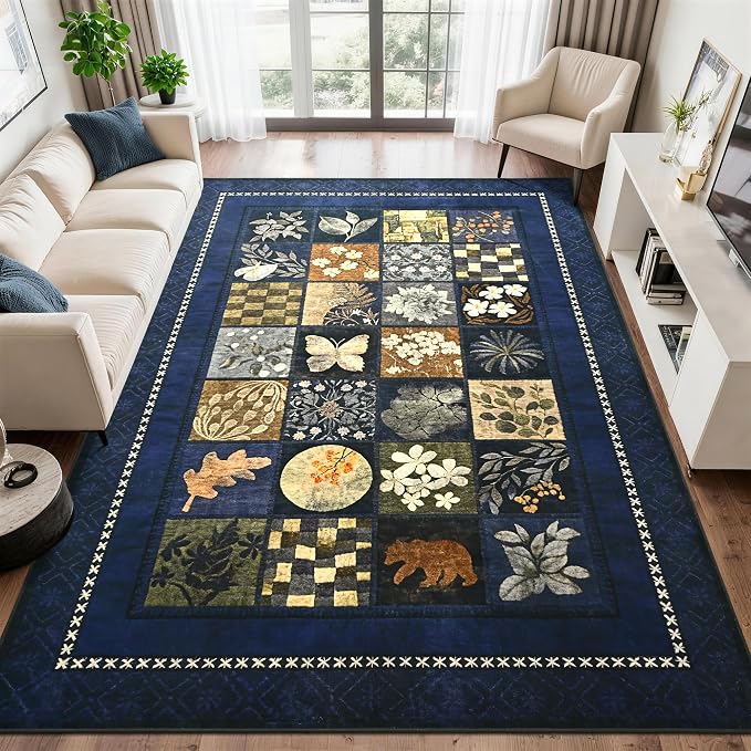 Tepook 4x6 Area Rugs for Living Room, Modern Large Geometric Rug for Bedroom, Washable Patchwork Rug Indoor Non Slip Throw Carpets for Dining Room Office Farmhouse Home Decor, Navy Blue