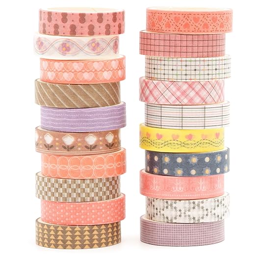 Songdao 20 Rolls Basic Washi Tape Set Japanese Arts Adhesive Tapes Simple Patterns Decorative Masking Tape Sets for Craft, Kids, Scrapbook, DIY, Gift Wrapping (Style Six)