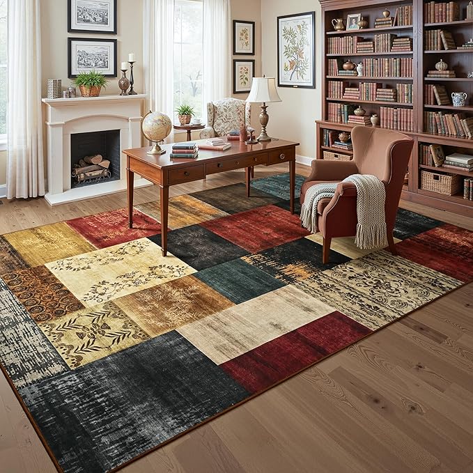 Tepook Modern Area Rugs for Living Room, 9x12 Washable Large Rug for Bedroom, Geometric Patchwork Rugs Indoor Non-Slip Throw Carpets for Dining Room Office Farmhouse Home Decor, Multi
