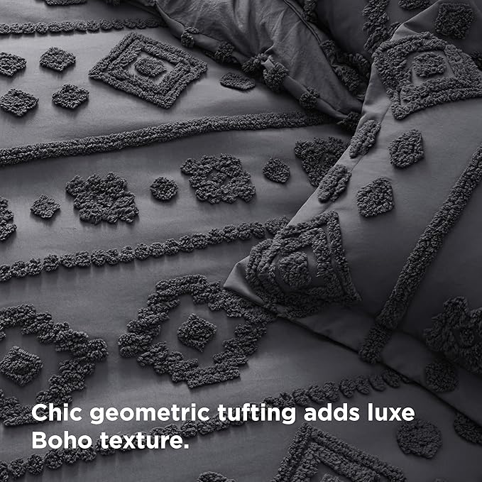 Bedsure Boho Duvet Cover King - Dark Grey Tufted Boho Bedding, Farmhouse Shabby Chic Embroidery Bedding for All Seasons, 3 Pieces, 1 Soft Jacquard King Comforter Cover and 2 Pillow Shams