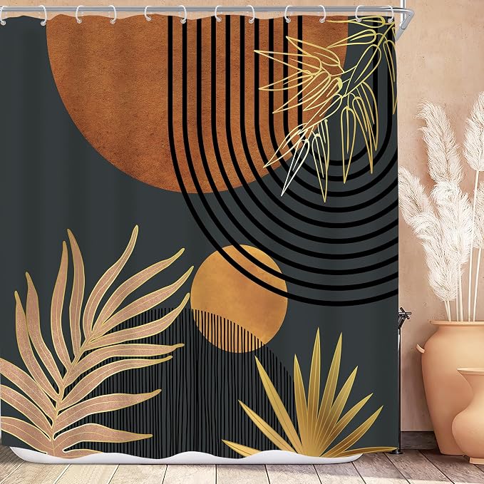 KOMLLEX Mid Century Brown Black Boho Shower Curtain 72Wx72L Inches Abstract Modern Shower Curtain for Bathroom Decor Plant Botanical Minimalist Arch Sun Fabric Liner Waterproof Polyester 12 Pack Hooks