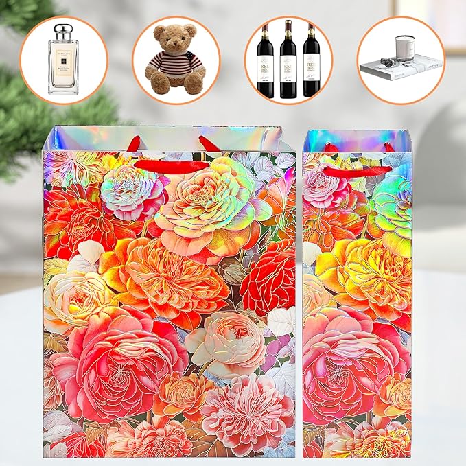 6 Pcs Gift Bags - Assorted Sizes with Tissue Paper for Mother's Day, Birthday and Celebrations (Large Red Peony Floral & Floral Label)