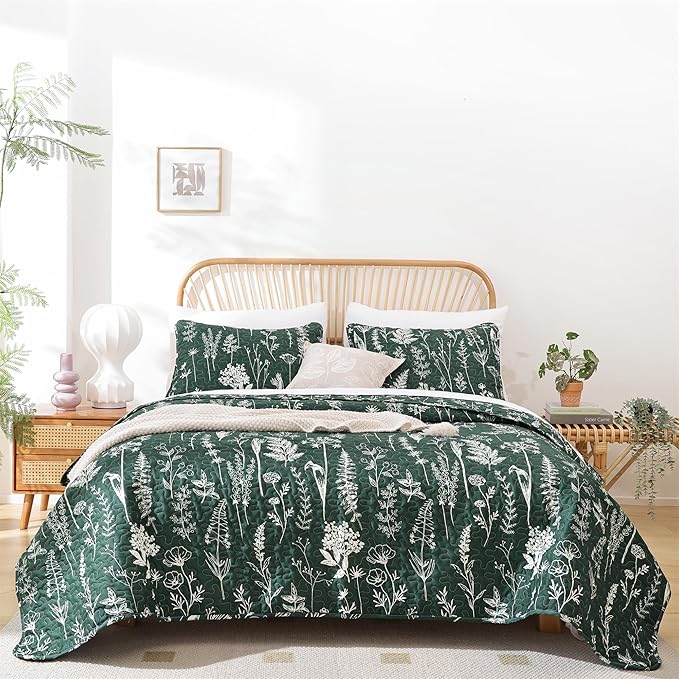 JANZAA Quilts Queen Size Emerald Green Floral Queen Quilt Bedding Set Microfiber Boho Bedspread Lightweight Reversible Coverlet 1 Quilt 90x90 inches with 2 Pillow Cases