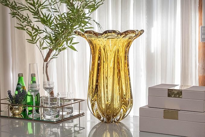 Extra Large Blown Glass Vase Amber, Everest Model, Murano-Style, Handcrafted Brazilian Glass Art, Floral Arrangements, Home Decor, 21.8 lbs