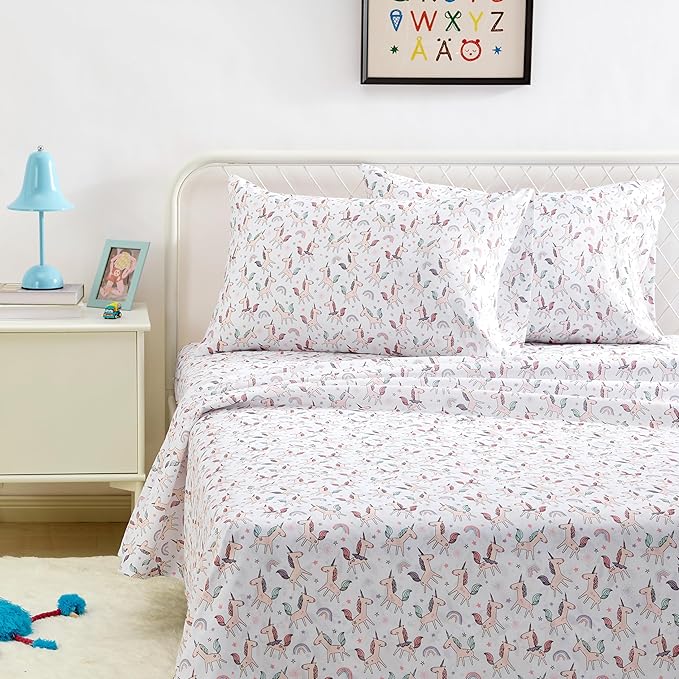 Amazon Basics Kid's Soft Easy-Wash Lightweight Microfiber 4-Piece Sheet Set, Queen, Unicorn and Rainbow