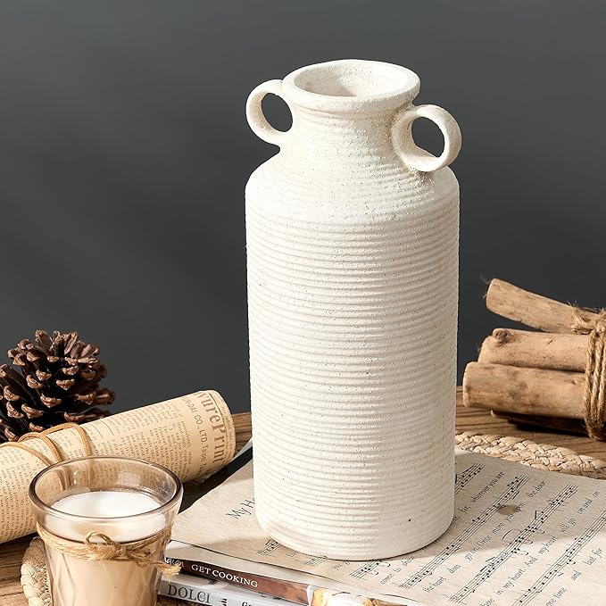 Ceramic Rustic Vase with 2 Round Handles, Antique Farmhouse Flower Vase, Vintage Terracotta Vases for Home Decor, Wedding, Living Room, Table, Shelf Decor - 10.2 Inch Tall, White