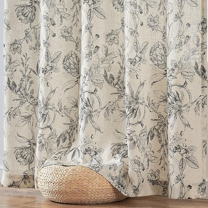 jinchan Floral Curtains 63 Inch Length Black Flower Linen Farmhouse Curtain for Living Room French Country Vintage Curtain Rod Pocket Curtains Set 2 Panels Balck Floral Printed