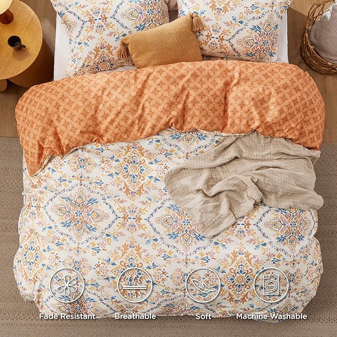 Bedsure Duvet Cover King Size - Reversible Floral Duvet Cover Set with Zipper Closure, 3 Pieces Bohemian Orange Bedding Set with 8 Corner Ties and 2 Pillow Shams 20"x36"