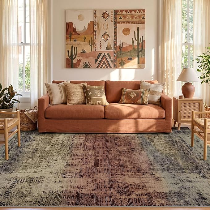 Kokia Abstract Area Rugs 8x10 Bedroom Soft Living Room Rugs Washable Distressed Vintage Comfy Carpet with Non-Slip Backing for Farmhouse Home Office Room Decor, Warm Brown and Dark Sage Green