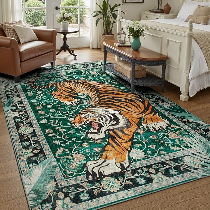 DCX Washable 9x12 Tiger Area Rug, Green Vintage Animal Rug for Living Room, Soft Low Pile Carpet, Kid & Pet Friendly with Rubber Back Non Slip, Stain Resistant Rug for Bedroom Dining Room Office