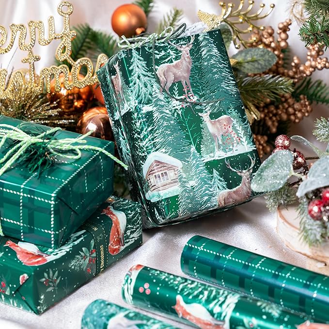 LeZakaa Green Christmas Wrapping Paper Roll, Fox, Squirrel, Reindeer & Chrismas Tree, Green Plaid for Winter Holiday Party, 17 x 120 inches, 3 Mini Rolls