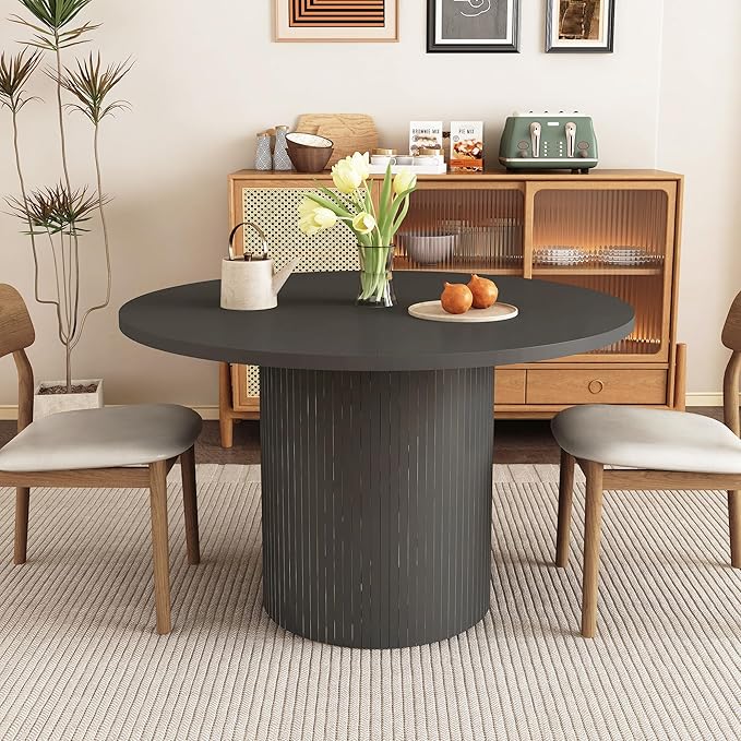 weselon Round Dining Table for 4, Modern Farmhouse Kitchen Table, 47 Inch Small Circle Dining Tables with Wood Strip Base for Kitchen Living Room (Black)