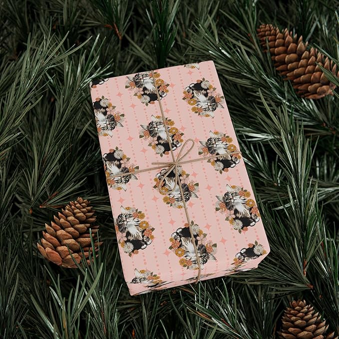 Meandering Annie Pink Floral Kitty Wrapping Paper, Retro Blush Cat Flower Print Gift Wrap Roll, Birthday Valentine's Day 30"x72"