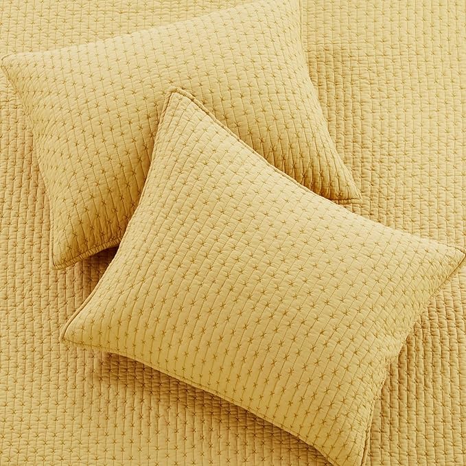 Levtex Home Cross Stitch Reversible King/Cal King Quilt Set (106x92in) with 2 Pillow Shams (36x20in) - Stitch Texture - Ochre - Cotton King Size Quilt Bedding Set - Lightweight, Soft, Pre-Washed