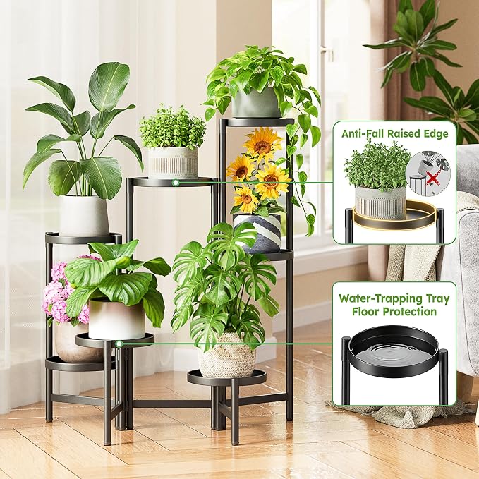 7 Tiers Plant Stand Indoor for Multiple Large Planter, Tall Tiered Folding Plant Rack Outdoor with Rustproof 10 Inch Wide Tray, Plant Shelf for Corner Living Room - BlackDisk