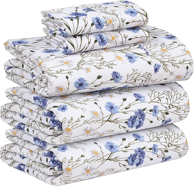 RUVANTI 100% Cotton Split King Sheets Sets for Adjustable Bed, 5 PCs, Soft & Breathable Percale Weave Bedding, Deep Pocket 16", Hotel Standard, Crisp Cool Feel & Durable, Floral Sheet, Sweet Pea