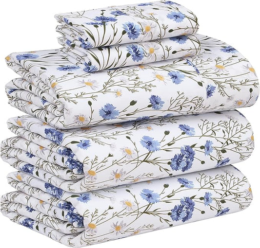 RUVANTI 100% Cotton Split King Sheets Sets for Adjustable Bed, 5 PCs, Soft & Breathable Percale Weave Bedding, Deep Pocket 16", Hotel Standard, Crisp Cool Feel & Durable, Floral Sheet, Sweet Pea