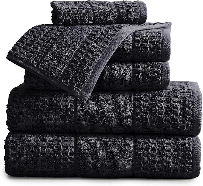 Market & Place 100% Cotton Super Soft Luxury Towel Set | Quick-Dry and Highly Absorbent | Waffle Textured | 550 GSM | 2 Bath Towels, 2 Hand Towels, & 2 Washcloths | Harper Collection (Black)