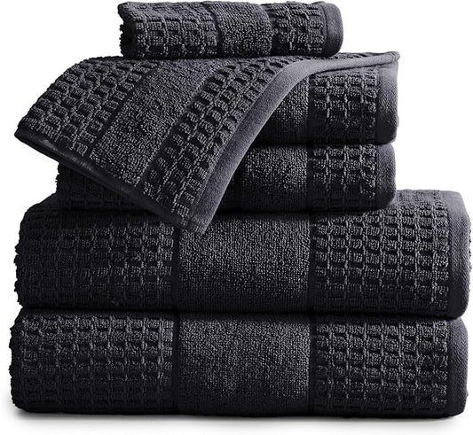 Market & Place 100% Cotton Super Soft Luxury Towel Set | Quick-Dry and Highly Absorbent | Waffle Textured | 550 GSM | 2 Bath Towels, 2 Hand Towels, & 2 Washcloths | Harper Collection (Black)
