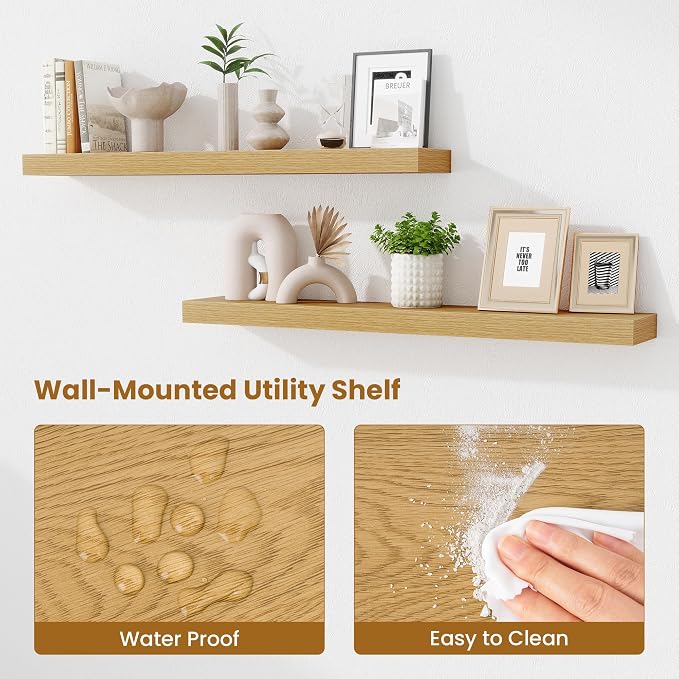 Fun Memories 40 Inch Floating Shelves, Long Wood Wall Shelf Set of 2 with Invisible Brackets, for Bathroom, Living Room, Bedroom, Kitchen, Oak