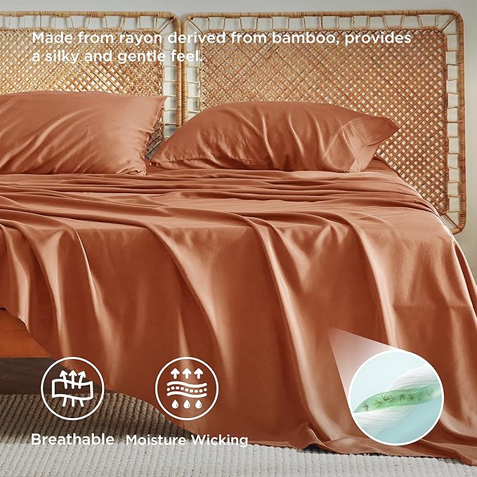 Bedsure King Size Sheets Set, Cooling Sheets for Hot Sleepers, Rayon Derived from Bamboo, Breathable & Soft, Deep Pocket Up to 16 Inches, Hotel Luxury Silky Bedding, Burnt Orange