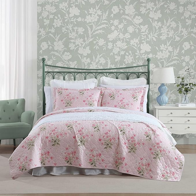 Laura Ashley - Queen Quilt Set, Reversible Premium Bedding with Matching Shams, Coquette Room Decor (Veronicas Bouquet Pink, Queen)