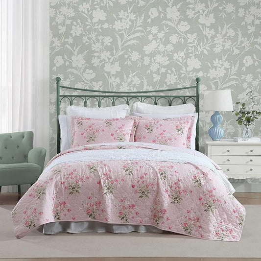 Laura Ashley - Queen Quilt Set, Reversible Premium Bedding with Matching Shams, Coquette Room Decor (Veronicas Bouquet Pink, Queen)