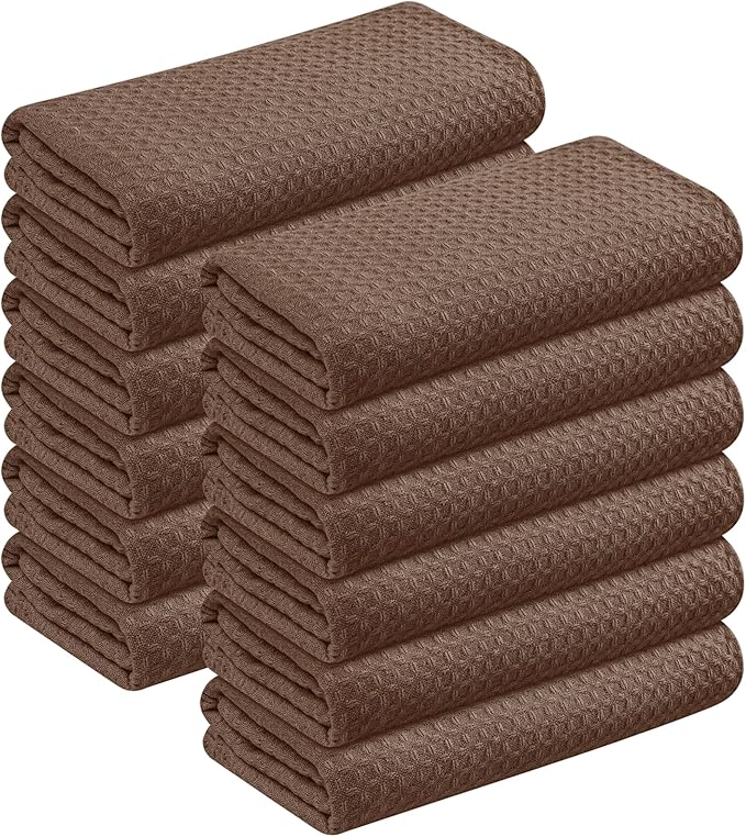 Brown Kitchen Towels – Waffle Weave, 100% Cotton, Soft & Absorbent, Fast Dry, Durable, 16x26 Inches, Perfect for Dish Drying, Bar, Cleaning, Hand Wipe and Everyday Use, Set of 12