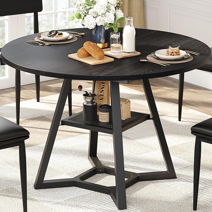 knoworld 43" Round Dining Table for 4, Kitchen Tables Dining Room Circle Dinner Table with Pedestal Metal Frame, Space Saving Wood Industrial Kitchen & Dining Room Tables, Black 43In