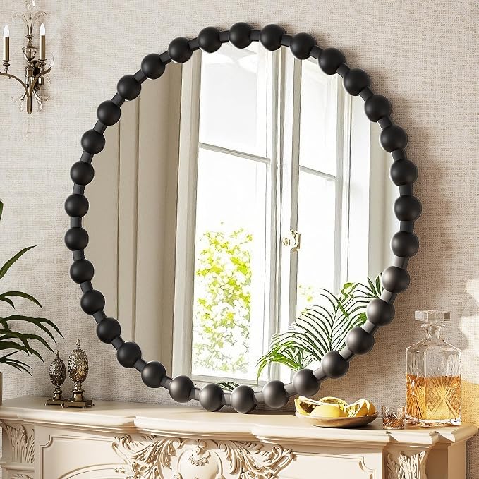 Easly Round Mirror for Wall, 28 Inch Black Beaded Frame Decorative Vanity Mirror, Circle Bathroom Mirror with High-Definition Lense, Modern Wall Decor for Bathroom, Living Room, Bedroom, Entryway