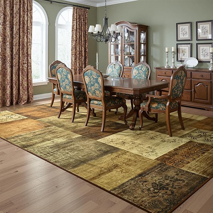 Tepook 8x10 Area Rugs for Living Room, Modern Large Geometric Rug for Bedroom, Washable Patchwork Rug Indoor Non Slip Throw Carpets for Dining Room Office Farmhouse Home Decor, Brown