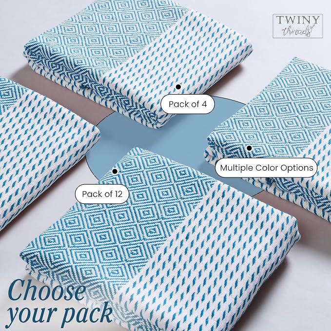 TWINY threads Kitchen Towel Diamond Weave, Premium Large Kitchen Linen Set, 100% Cotton Dish Rag, Absorbent Quick Drying Wash Rags for Drying Dishes, Reusable, Set of 4, 18x26 Inches, Turquiose