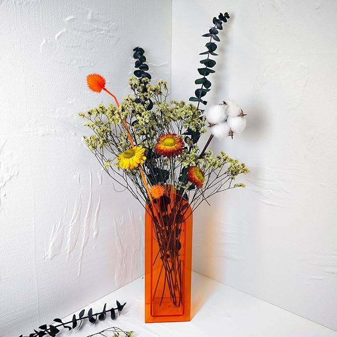 Acrylic Vase Creative Gifts Minimalist Design Wedding Centerpiece Home Office Decor Elegant Floral Display Stand(Not Including Flowers) (Full-Orange, 1PCS)