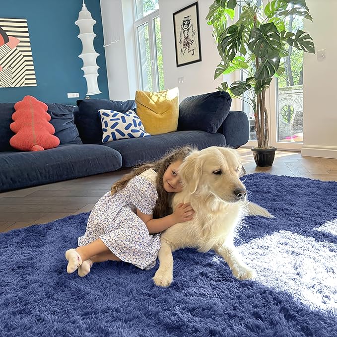 OLANLY 5x8 Machine Washable Large Area Rugs for Living Room, Bedroom, Soft Fluffy Shaggy Bedside Rug, Indoor Floor Carpet for Kids Girls and Boys, Dorms, Nursery, Home Decor Aesthetic, Denim Blue