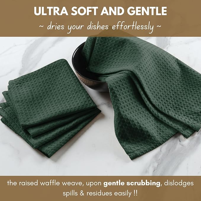 Native Fab 12 Pack Waffle Dish Cloths - 100% Cotton, Absorbent, Fast Drying, Reusable Towels for Cleaning, Cooking - Great for Everyday Use, Home, Restaurants, Bars & Cafes - 12" x 12" - Forest Green